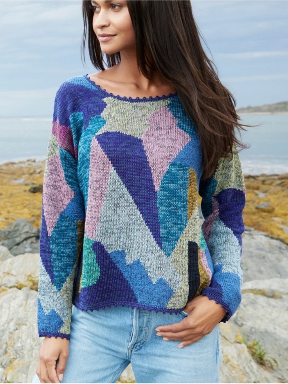 Peruvian Connection Terrazzo Cotton Sweater Women’s Size S Multicolor Knit Art